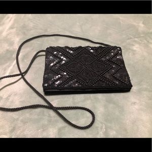 Black satin beaded evening bag